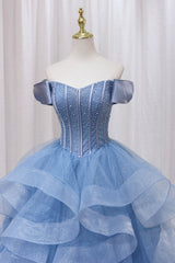 Blue Tulle Layers Long Prom Gown, A-Line Blue Evening Dress