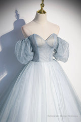 Blue Tulle Long A-Line Ball Gown, Off the Shoulder Formal Evening Dress