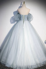 Blue Tulle Long A-Line Ball Gown, Off the Shoulder Formal Evening Dress