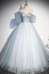 Blue Tulle Long A-Line Ball Gown, Off the Shoulder Formal Evening Dress