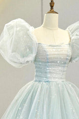 Blue Tulle Long A-Line Prom Dress with Sequins, Lovely Puff Sleeve Evening Gown