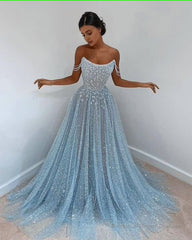 Blue tulle long prom dress, blue tulle evening dress