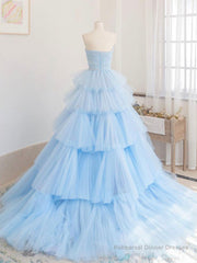 Blue tulle long prom dress, blue tulle evening dress