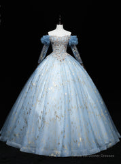 Blue Tulle Long Sleeve Beading Quinceanera Dress