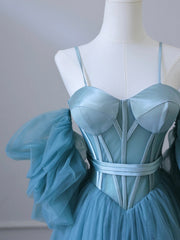 Blue Tulle Long Spaghetti Strap Prom Dress and Corset, Detachable off Shoulder Party Dress