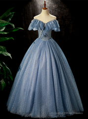 Blue Tulle Off the Shoulder Pearls Quinceanera Dress