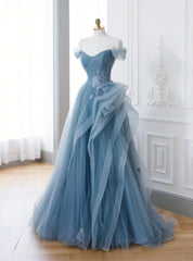 Blue Tulle Off the Shoulder Pleats Prom Dress