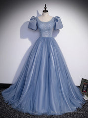 Blue Tulle Puff Sleeve Pearls Prom Dress