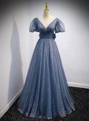 Blue Tulle Puff Sleeve Wave Point Prom Dress