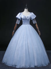 Blue Tulle Satin Square Puff Sleeve Pearl Quinceanera Dress