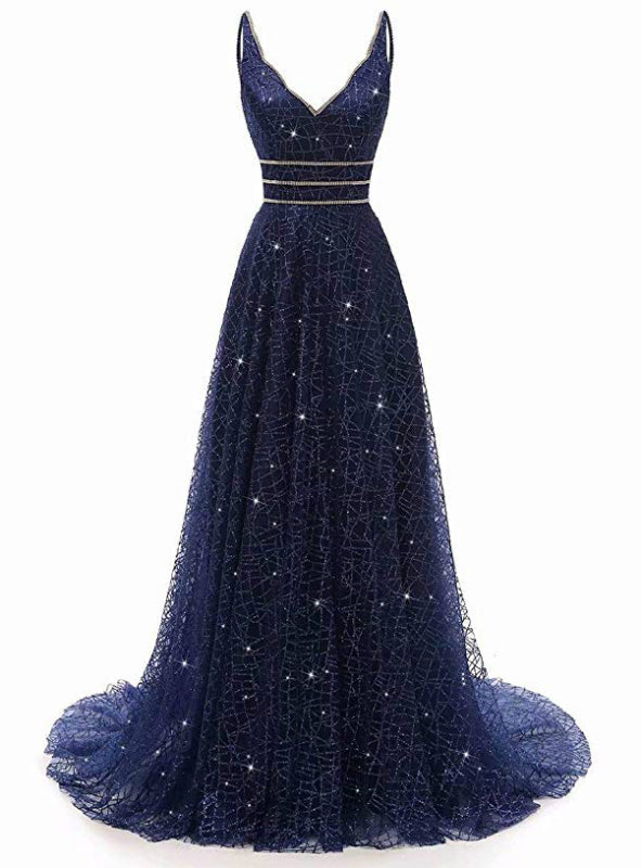 Blue Tulle Sequins Bling Bling V-neck Long Prom Party Dress