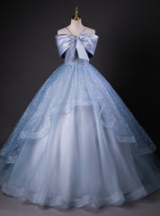 Blue Tulle Sequins Bow Quinceanera Dress