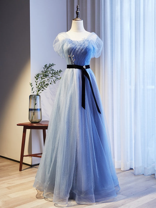 Blue Tulle Sequins Pleats Beading Prom Dress With Belt