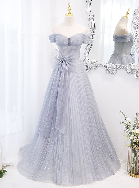 Blue Tulle Sequins Pleats Bow Prom Dress