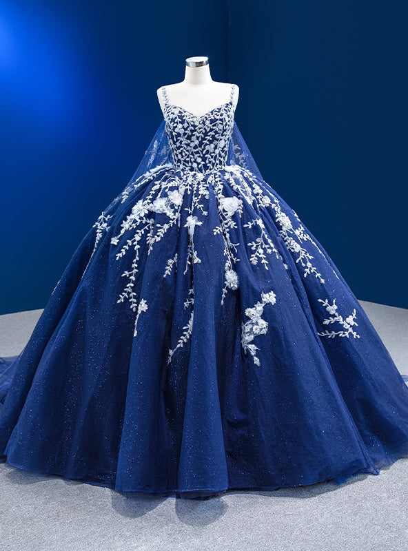 Blue Tulle Sequins Spaghetti Straps Beading Prom Dress With Train