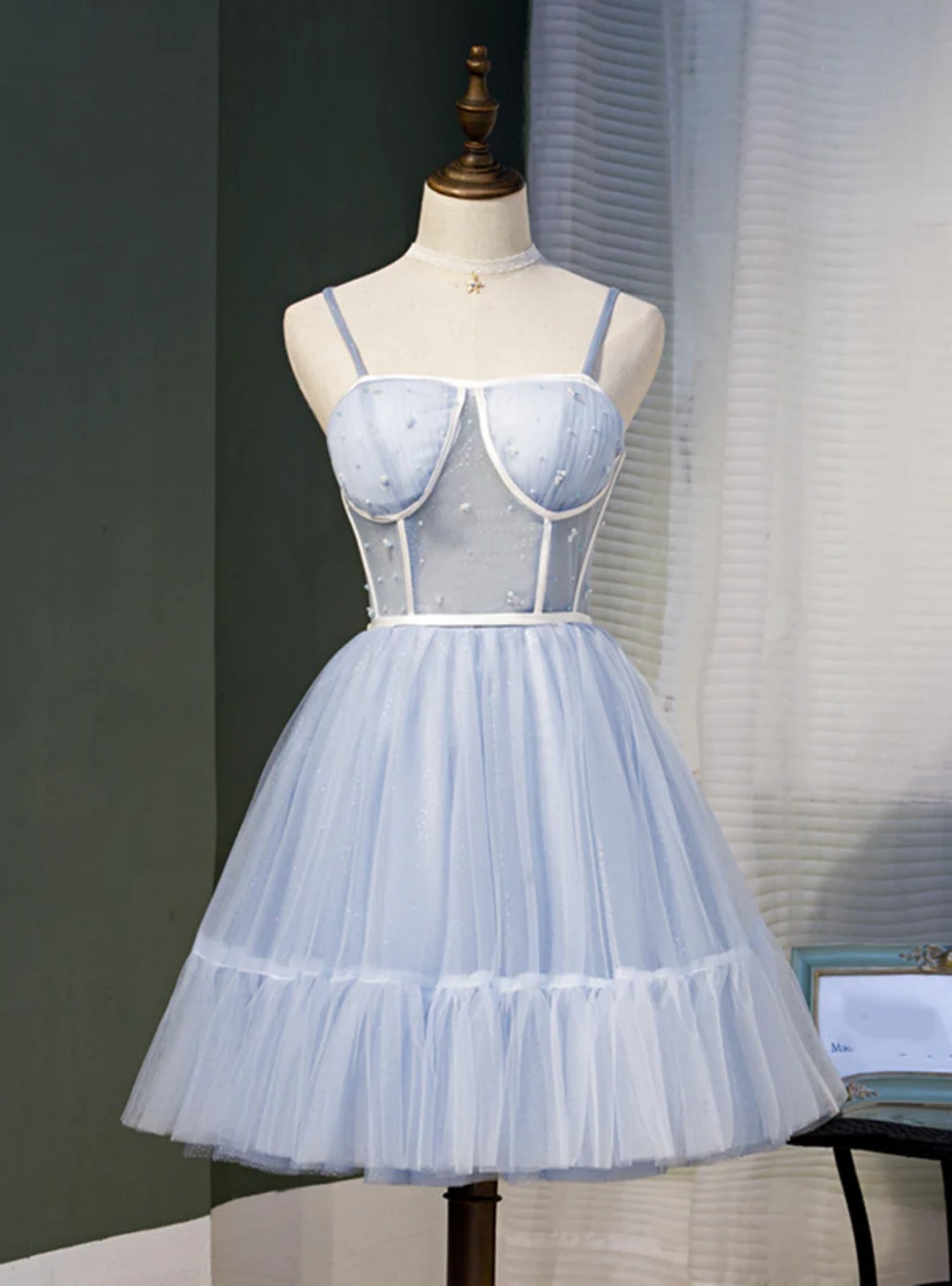 Blue Tulle Spaghetti Pleats Beading Homecoming Dress