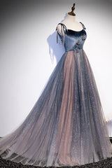 Blue Tulle Spaghetti Strap Long Prom Dress, A-Line Lace-Up Evening Dress