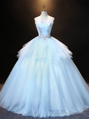 Blue Tulle Spaghetti Straps Appliques Quinceanera Dress