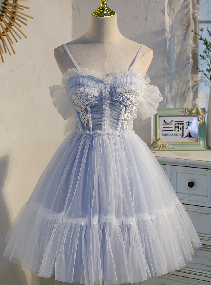 Blue Tulle Spaghetti Straps Pleats Homecoming Dress