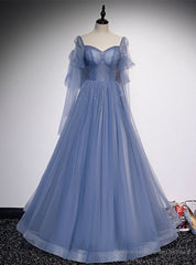 Blue Tulle Square Long Sleeve Beading Prom Dress