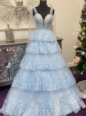 Blue Tulle Tiers Appliques Sequins Prom Dress