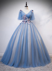 Blue Tulle V-neck Appliques Pleats Short Sleeve Quinceanera Dress