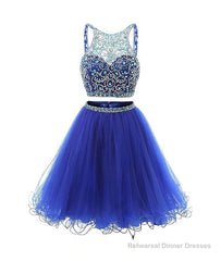 Blue two pieces tulle sequin beads short prom dress, blue homecoming