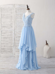 Blue V Neck Applique Chiffon Long Prom Dress Lace Bridesmaid Dress