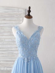 Blue V Neck Applique Chiffon Long Prom Dress Lace Bridesmaid Dress