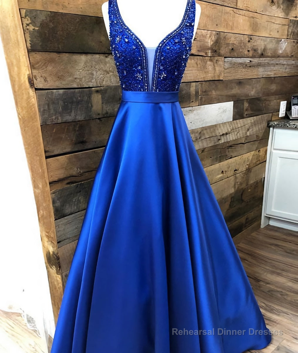 Blue v neck beads satin long prom dress, blue evening dress