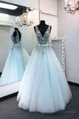 Blue v neck tulle lace long prom dress blue tulle formal dress