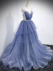 Blue v neck tulle sequin long prom dress, blue evening dress