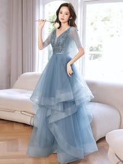 Blue V Neck Tulle Sequin Long Prom Dress, Blue Long Formal Dress