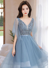 Blue V Neck Tulle Sequin Long Prom Dress, Blue Long Formal Dress