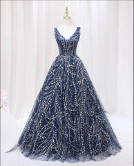 Blue V-neckline Lace Tulle Floor Length Party Dress, Blue Prom Dress Formal Dress