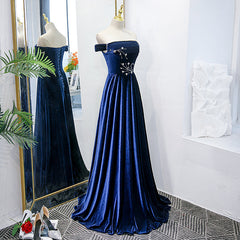 Blue Velvet Beaded Elegant Off Shoulder Evening Dress, Blue Long Prom Dress Party Dress