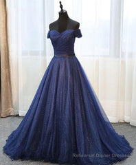 Dark Blue Shining Tulle Long Prom Dress, Evening Dress