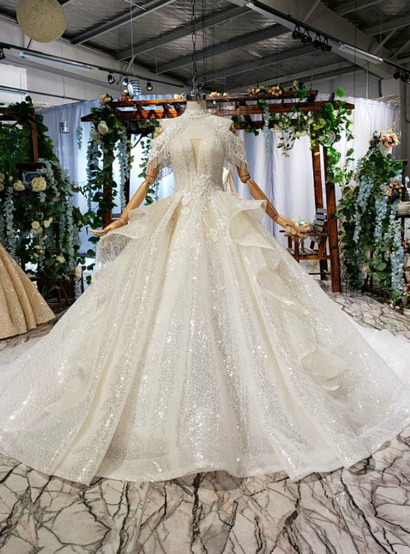 Brilliant Champagne Ball Gown Sequins Beading Off the Shoulder Wedding Dress