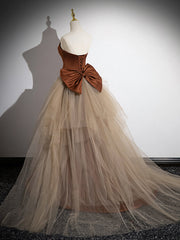 Brown Mermaid Satin Tulle Long Prom Dress, Brown Long Evening Dress