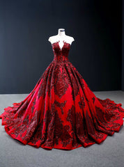 Burgundy Ball Gown Satin Sequins Appliques Cap Sleeve Prom Dress With Long Train