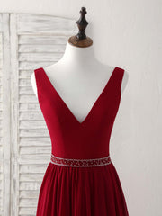 Burgundy Chiffon V Neck Beads Long Prom Dress Burgundy Evening Dress