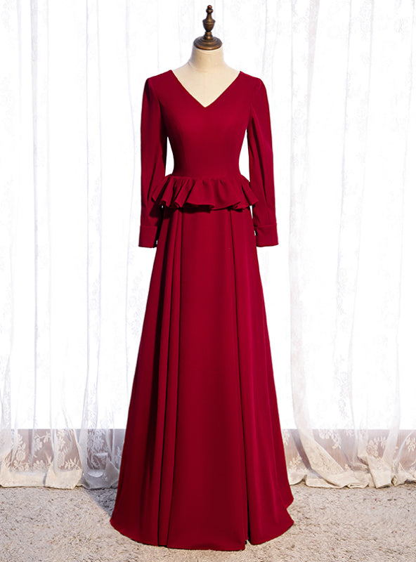 Burgundy Deep V-neck Long Sleeve Prom Dress