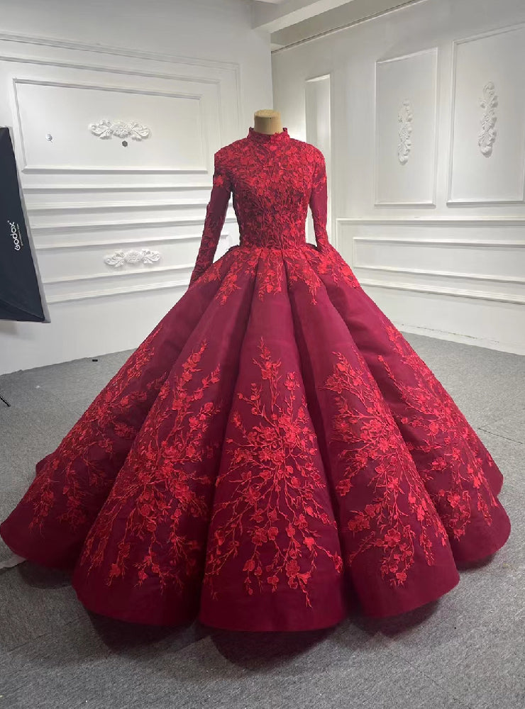 Burgundy High Neck Long Sleeve Appliques Prom Dress