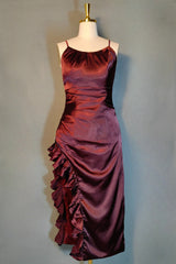 Burgundy Homecoming Dresses Vintage Backless Ruffle Asymmetrical Midi Length Party Dress