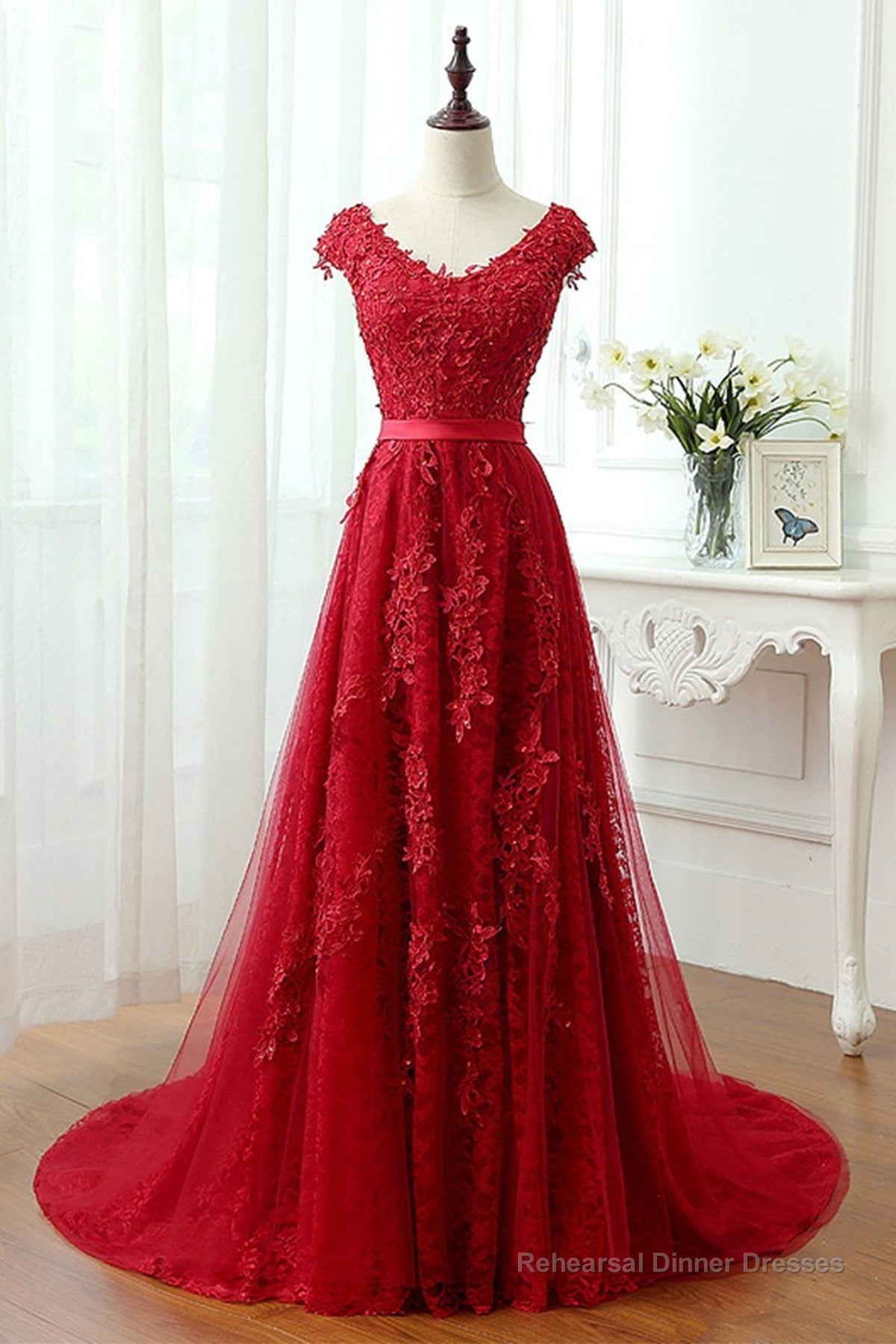 Burgundy Lace Prom Dresses with Train, Wine Red Lace Formal Evening Dresses