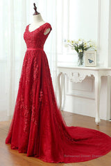 Burgundy Lace Prom Dresses with Train, Wine Red Lace Formal Evening Dresses