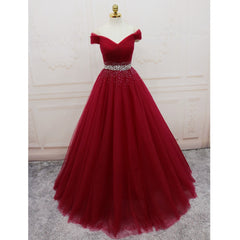 Burgundy Long Tulle Off Shoulder Prom Dress , Junior Prom Dresses