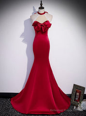 Burgundy Mermaid Satin Halter Backless Beading Prom Dress