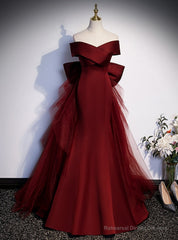 Burgundy Mermaid Satin Tulle Off the Shoulder Prom Dress