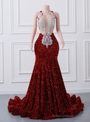 Burgundy Mermaid Sequins Appliques Backless Prom Dress